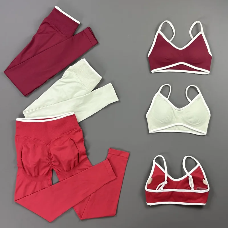 2Pcs Gym Set Seamless Color Blocking Sports Leggings Sets High Stretch Push Up Fitness Bra Quick Dry Running Workout Clothing