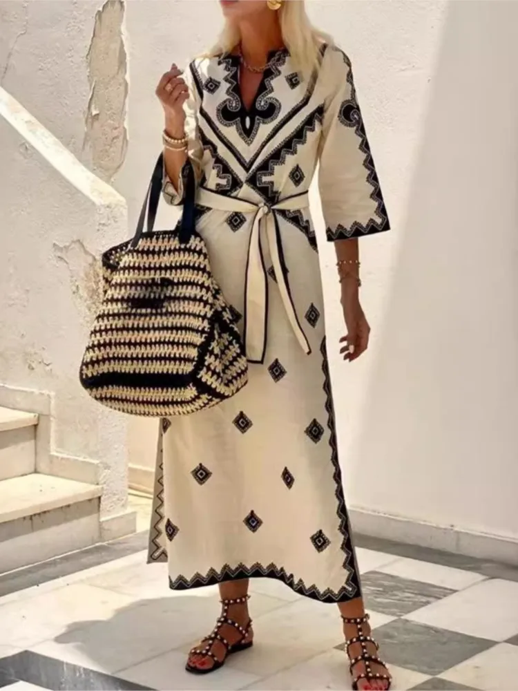 

2025 Women's Spring Summer New Fashion Printed Dresses Waist Tie Belt Casual Loose Belt Retro Half Sleeve Long Dress Female Robe
