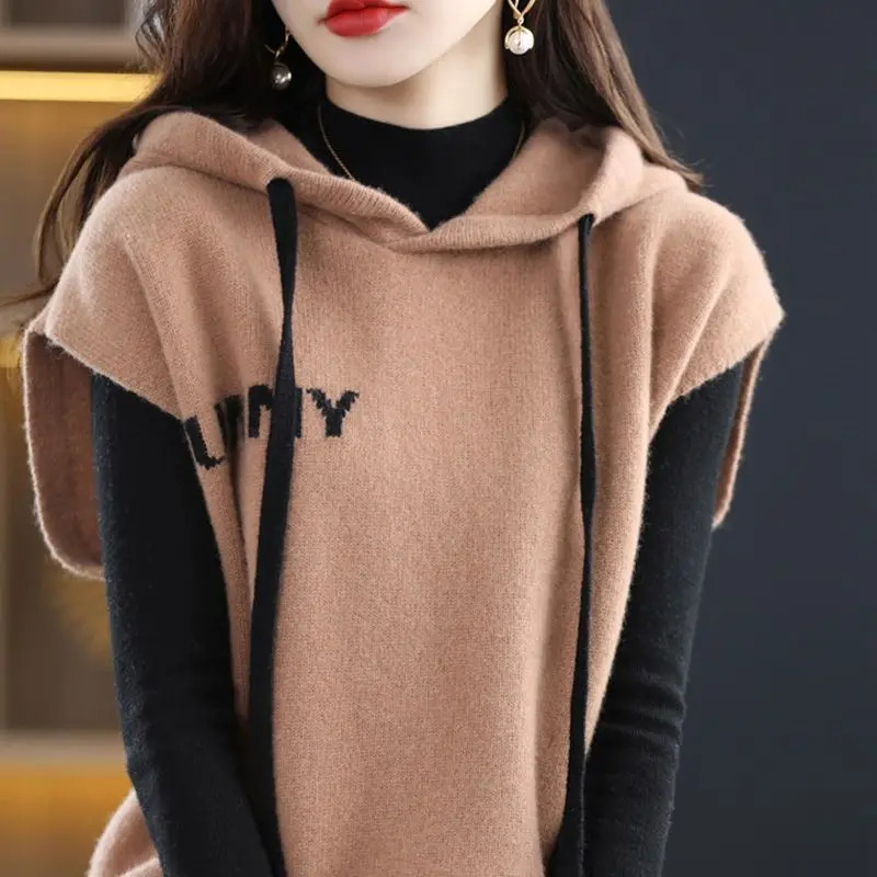 Women\'s Solid Hooded Collar Drawstring Patchwork Sweater Autumn and Winter New Loose Fashion Sleeveless Caps Knitted Vest Tops