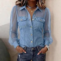 Casual Women's Denim Mesh Puff Sleeve Shirt Blue Jean Button Down Blouse with Pockets Sheer Sleeve Casual Vintage Blouse To 3