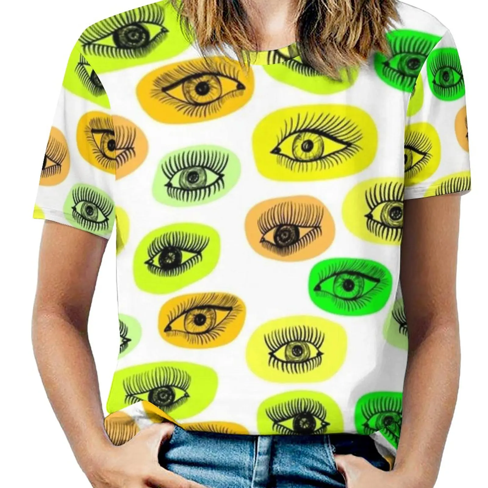 Eyes Motive Fashion Print Women Ladies Girls T-Shirt Harajuku Round Neck Short Sleeve Tops & Tees Chaotic Wallpaper Green White