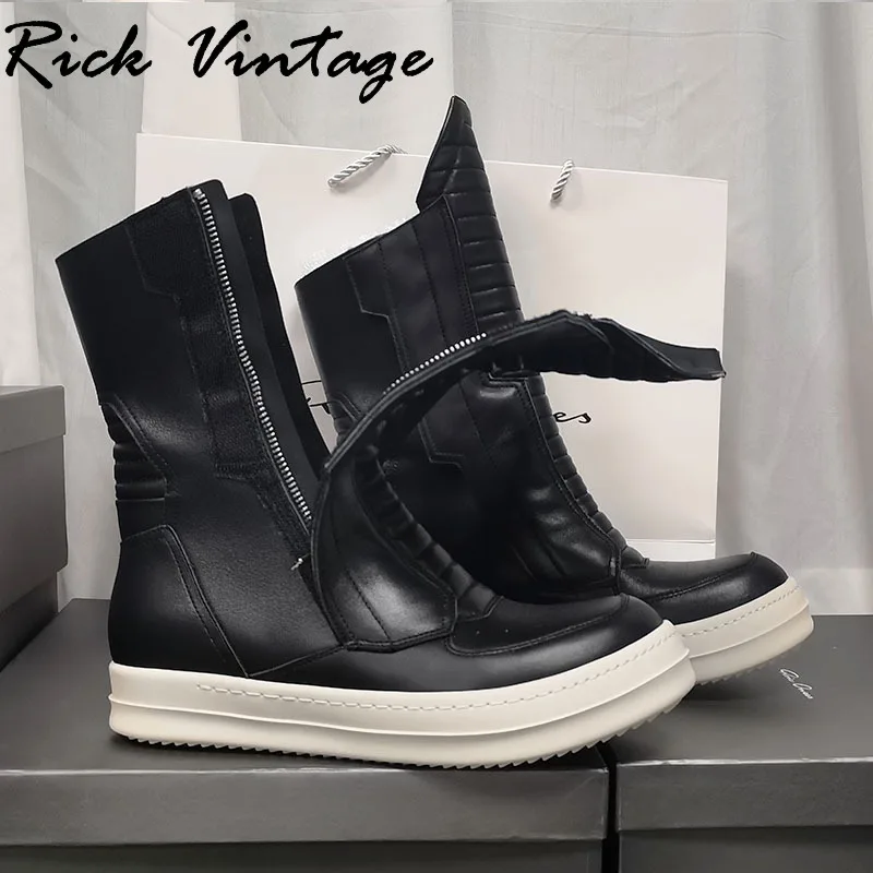 Rick Vintage Women Motorcycle Leather Boots Men Luxury Mid-Calf Winter Riding Boots Shoes Casual Zip Flats Black Shoes Unisex