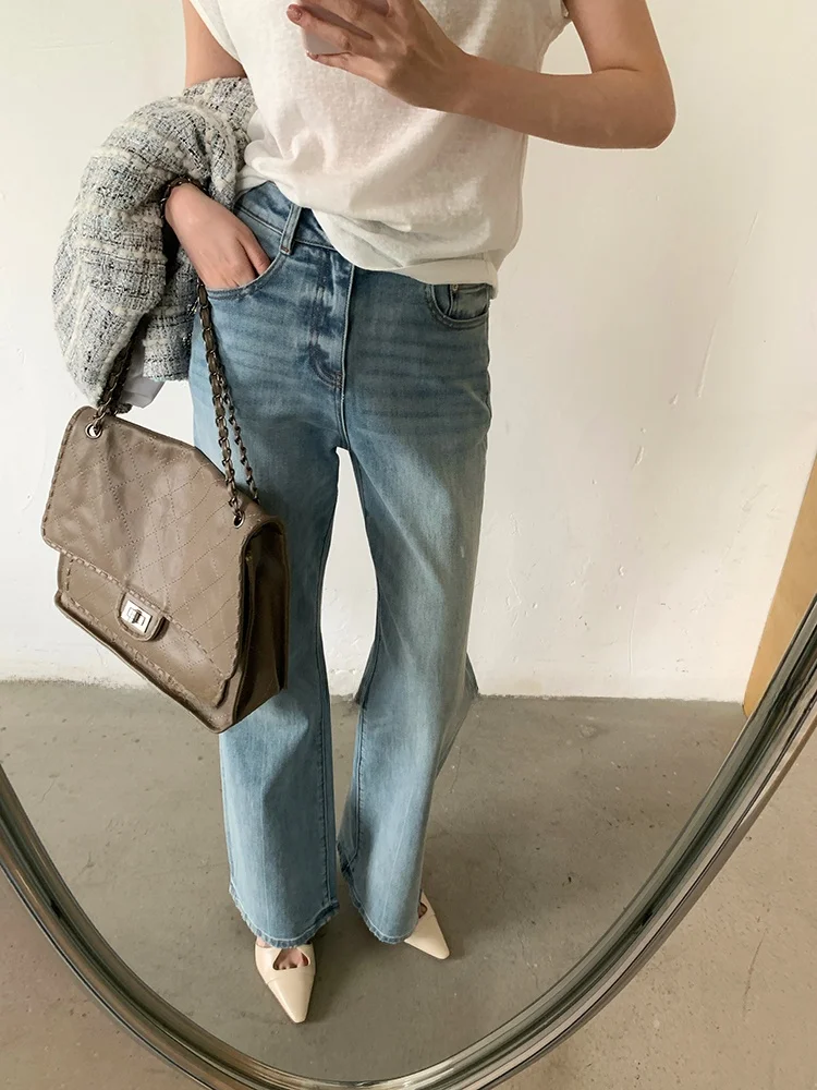 

High Waist Straight Leg Denim Jeans Women's Single Button Versatile Slimming Long Pants Spring Season Retro Wash Cotton Fabric