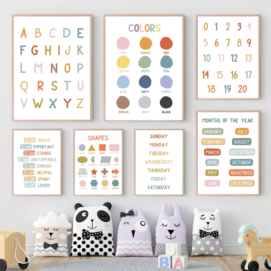Affiche éducative anglaise Alphabet numéro couleur forme mur Art imprime toile peinture mur photos enfants chambre salle de classe décor