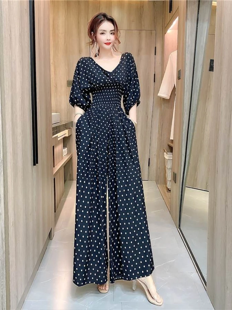 

Women's Sexy V Neck Backless Jumpsuit With Puff Sleeves Polka Dot Print Belted Waist Wide Leg Long Pants Summer Fashion Outfit