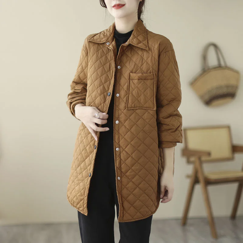 

Winter Women's Light Rhombus Long-Sleeved Cotton Coat Loose Casual Mid-Length Shirt Collar Parkas