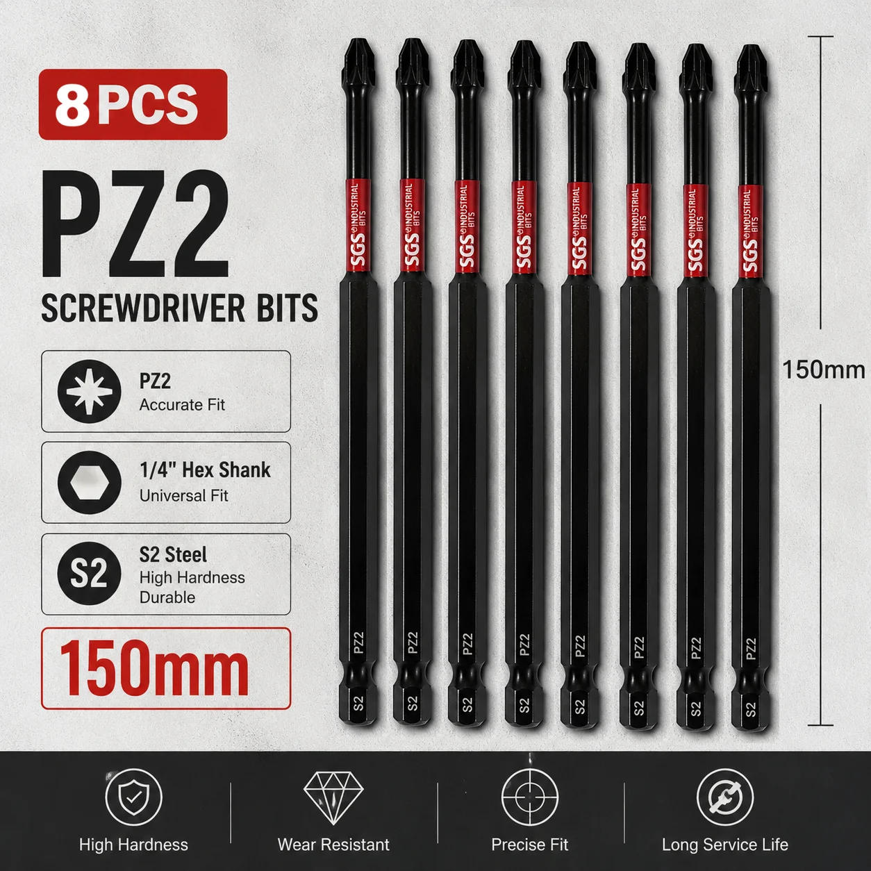 2/4/8PCS PZ2 Screwdriver Bits 150mm S2 Steel Extra Long Pozidriv Driver Bits 1/4 Hex Shank Drill Bits for Power Tools