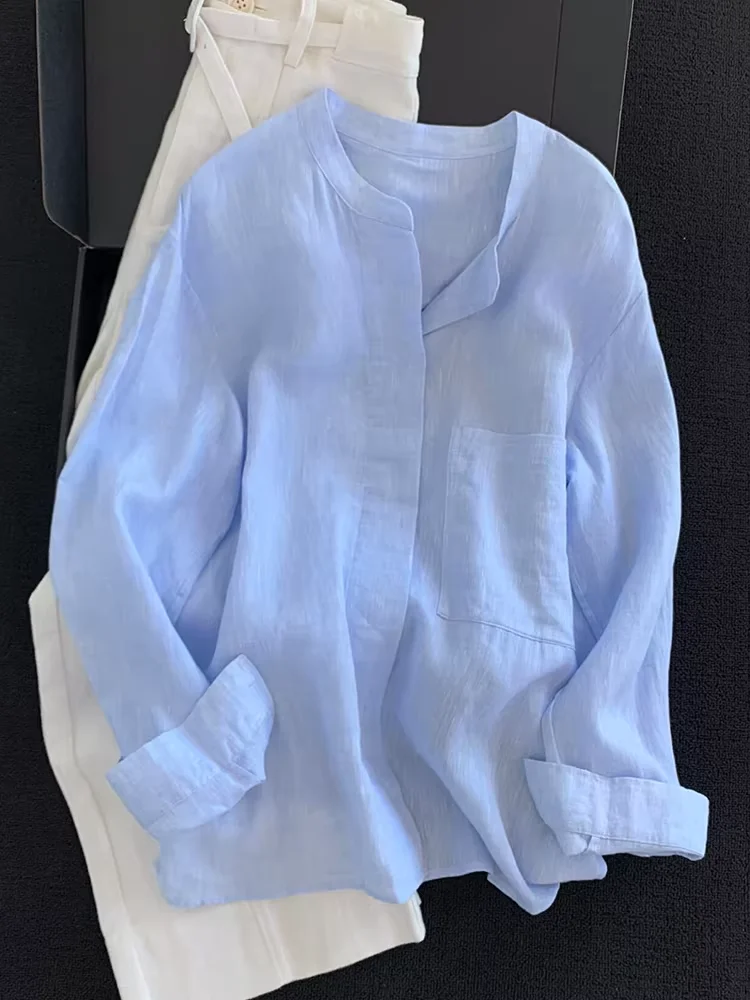 

Lightweight Loose Comfortable Blue Linen Sun Protection Shirt Women's Summer Casual Style Long Sleeve Button up Top