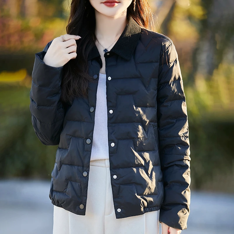 Abrigo de invierno para mujer, cuello POLO, modelo ligero, chaqueta cálida de plumón de pato blanco de manga larga, cárdigan de un solo pecho