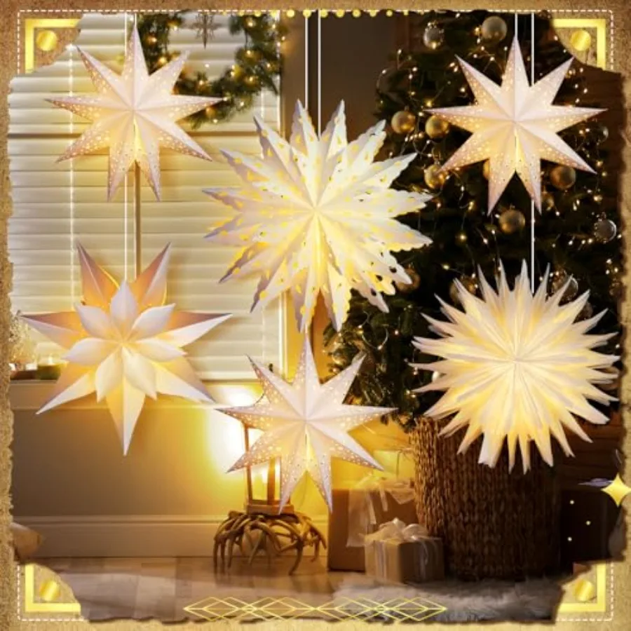 6 Pack Winter Snowflake Paper Lantern Star Paper Lanterns with 6 LED Light White Hanging Lamp Ornaments for Christmas Winter We
