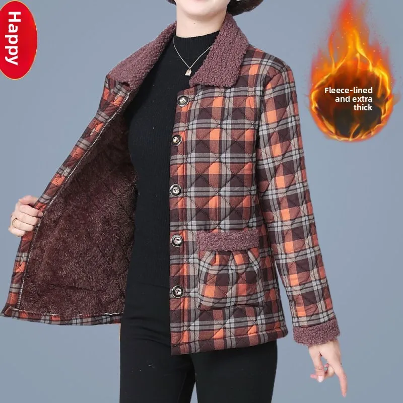 

Thickened Fleece Lined Cotton Jacket Casual Plaid Autumn Winter Coat for Women Mom Style Anti Aging Quality Fashionable