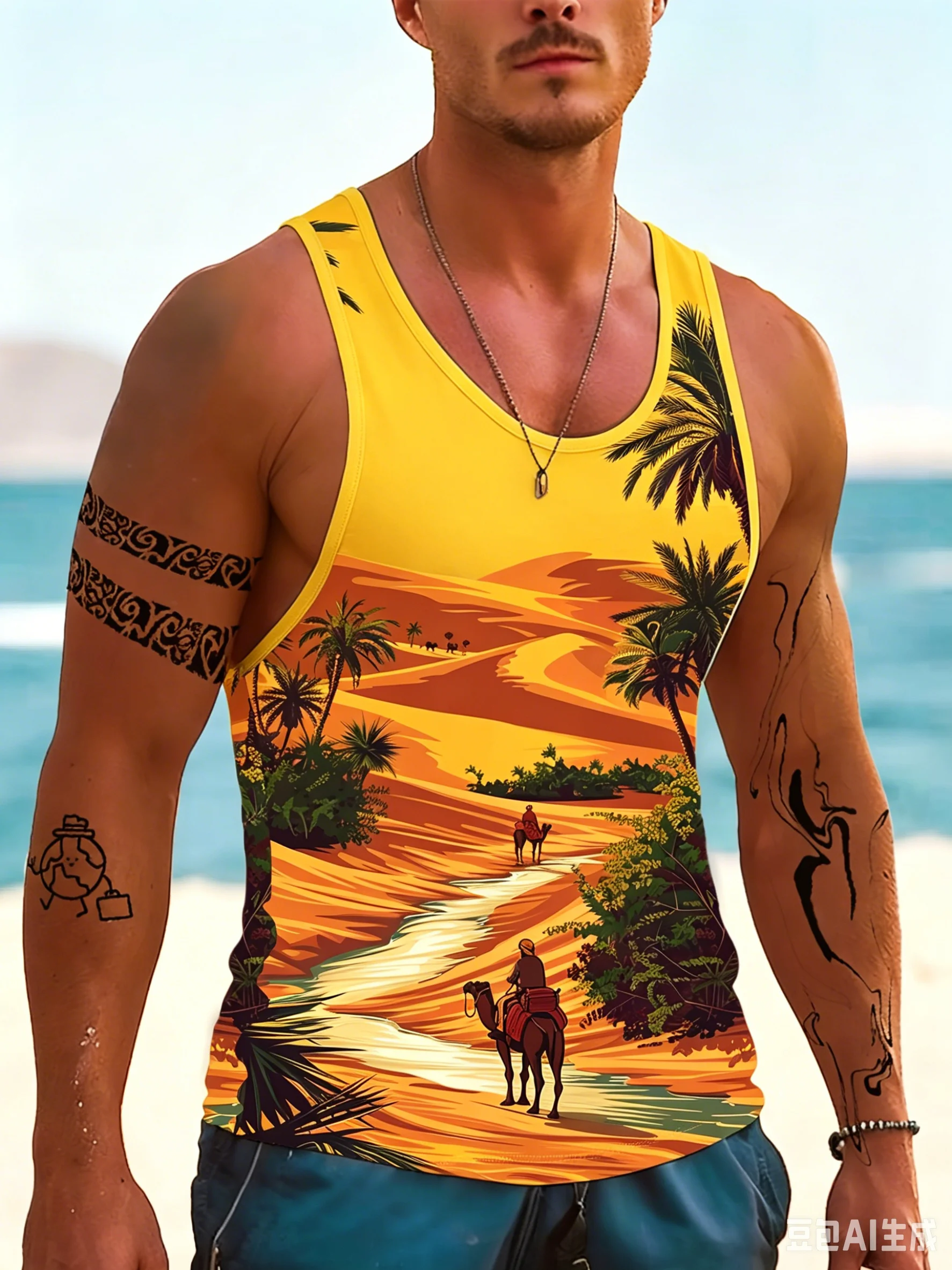 Men's Yellow Desert Camel Palm Tree Print Tank