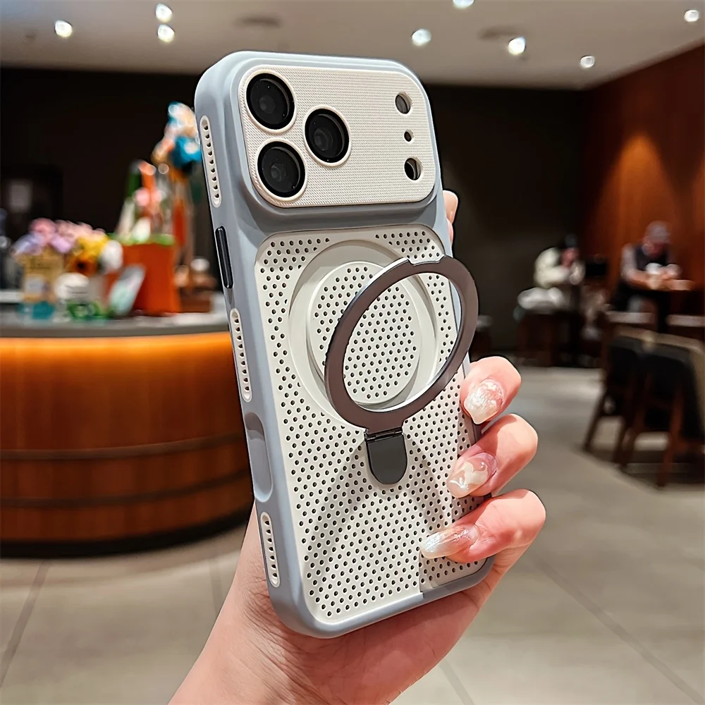 Fashion Heat Dissipation Cooling Mesh Hole Case for IPhone 17 16 15 14 13 12 Pro Max Plus for Magsafe Stand Holder Armor Cover view 2