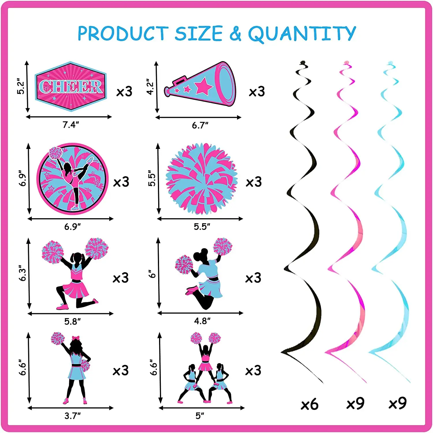 24 Pieces Cheerleading Hanging Swirls Hot Pink Blue Cheerleading Themed Party Decorations for Girl Cheerleader Ceiling Streamers