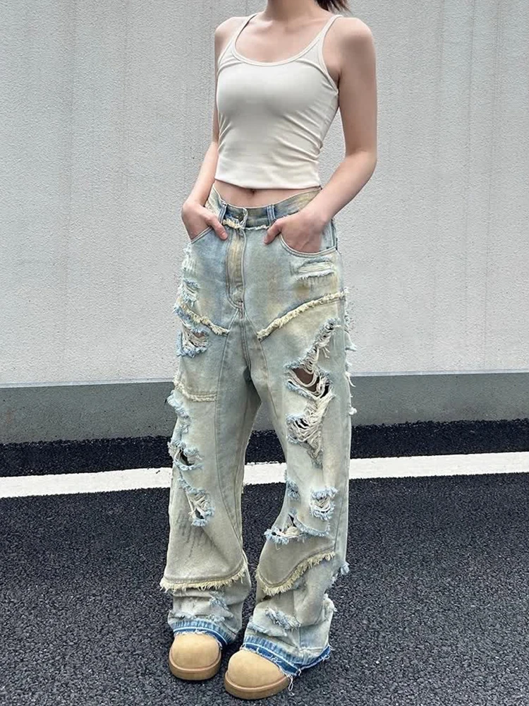 

Light Blue American High Street Apocalyptic Style Ripped Denim Jeans Women Summer New Loose Retro Washed Casual Long Pants