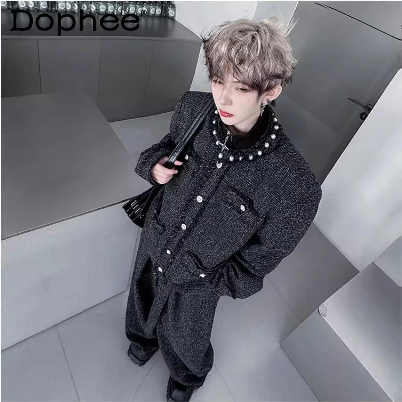 

Men's 2025 Autumn New Fashion Beaded Small Fragrant Elegant Cardigan Jackets Wide-Leg Long Pants Men's High-End Two-Piece Sets