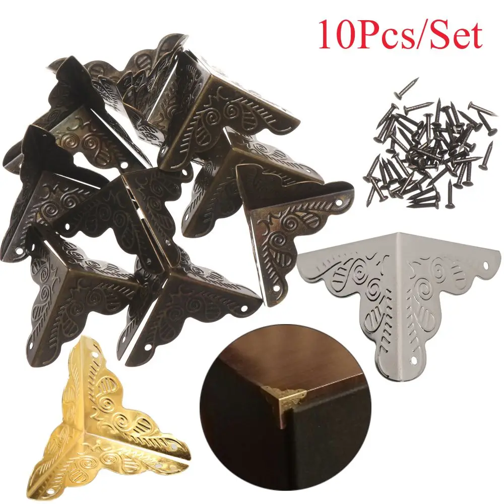 10PCS DIY Crafts Carved Furniture Hardware Metal Vintage Corner Brackets Antique Bronze Corner Protector Box Decor