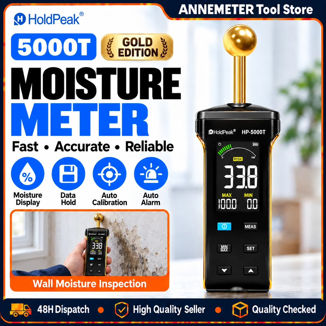 Pinless Moisture Meter 20-40mm Depth Digital Wood Damp Tester – Non-Destructive Water Leak Detector for Concrete Floor, Wall