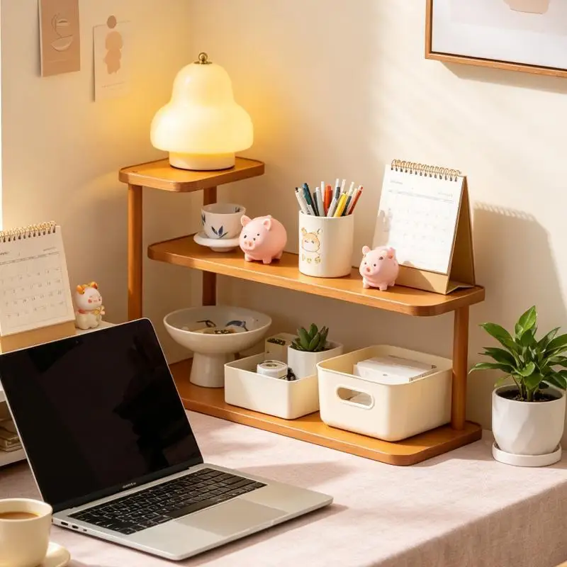 New Wooden 2/3 Tier Desktop Storage Shelf Sturdy Frame Large Storage Space For Home Office Study Organization