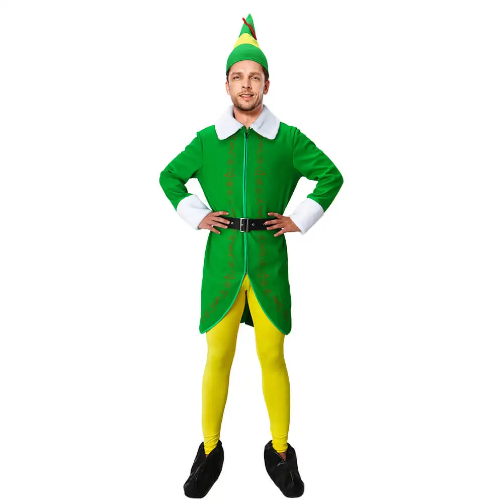 

Christmas Elf Cosplay Costume Buddy The Elf Green Santa Claus Suit for Men Coat Hat Xmas New Year Theme Party Adult Clothes