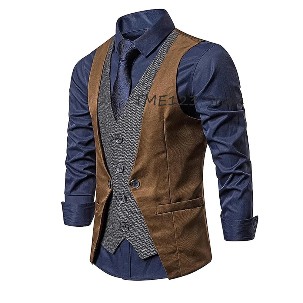 

Мужские жилеты, повседневный рабочий жилет, прямые карманы, однобортные костюмы с v-образным вырезом, однотонная лоскутная ткань с узором «елочка», модный мужской костюм