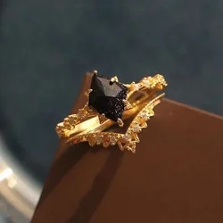 New original silver inlaid rhombus black crystal ring ladies sparkling romantic palace style wedding engagement jewelry gift