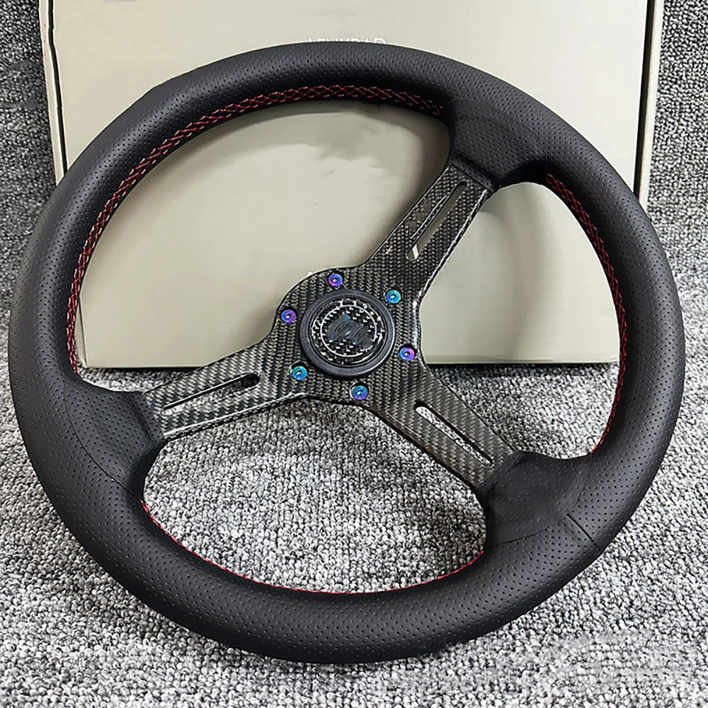 New Racing Car Modified Quick Release Steering Wheel 14 Inch Carbon Fiber Bracket Classic Leather Shallow Concave Universal