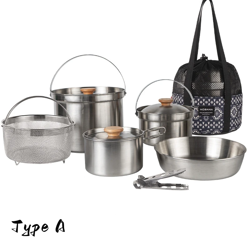 Portable Camping 5-in-1 Stainless Steel Pot Set, Self Driving, Outdoor Picnic, Soup Pot, Can Be Used for Frying and Steaming Pot