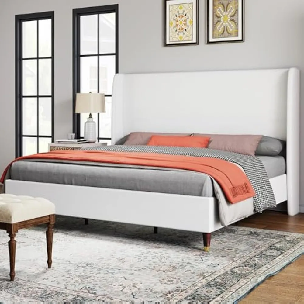 King-Size-Bettgestell, gepolsterter Bettrahmen und Ohrensessel-Kopfteil/Lattenstütze aus Holz/keine Boxspringbett erforderlich/einfache Montage/reinweiß