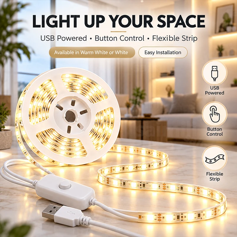 LED Strip Lights USB Button Switch Flexible Cuttable Strong Adhesive For PC Computer Desk Monitor Stand Gamer Room Decor