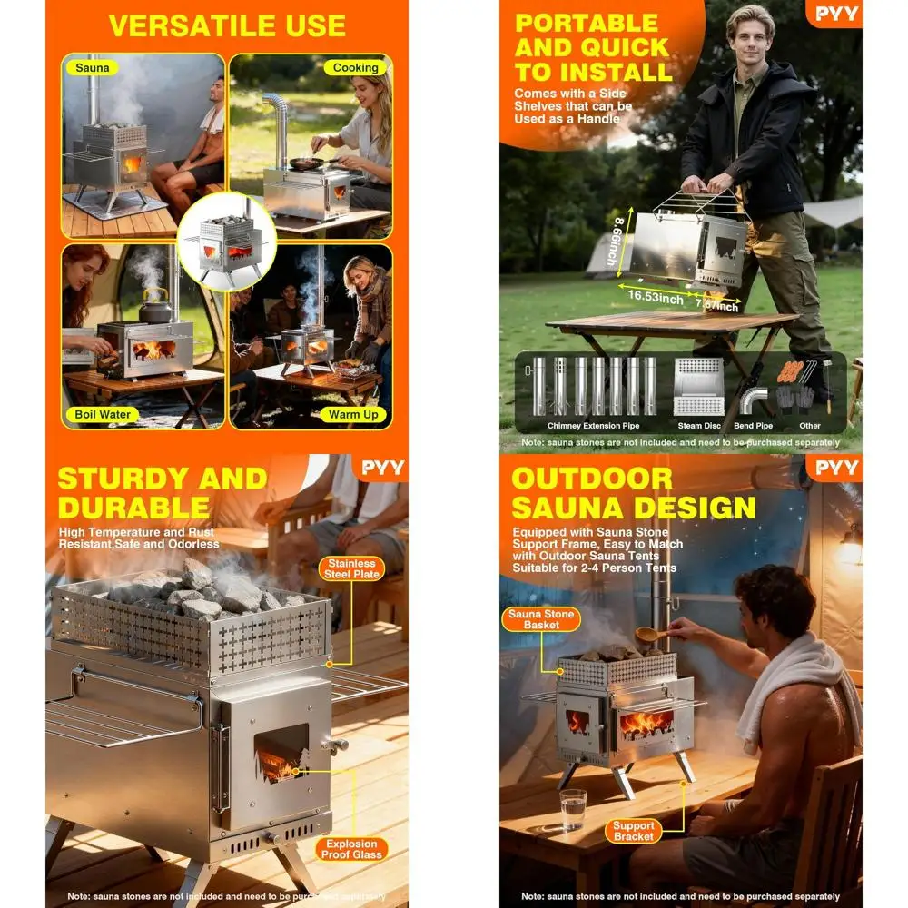 

Дровяная печь для сауны — дровяная печь для сауны на открытом воздухе, портативные печи для сауны 2-в-1 для кемпинговой палатки, улучшенный двойной демпфер, Ch