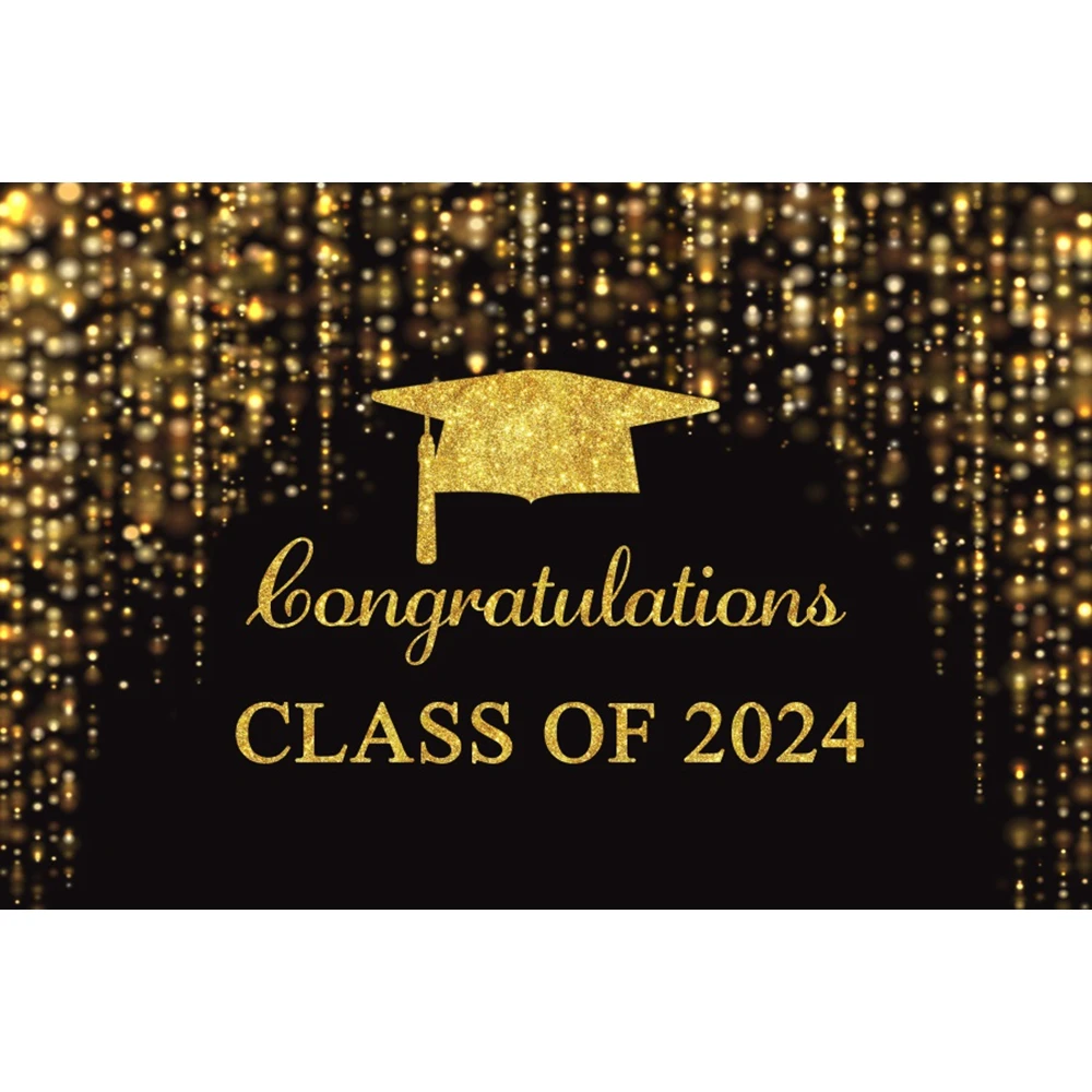 Class of 2024 Graduation Backdrop Black and Gold Glitter Balloons Custom Photography Background Congrats Grad Party Banner Decor