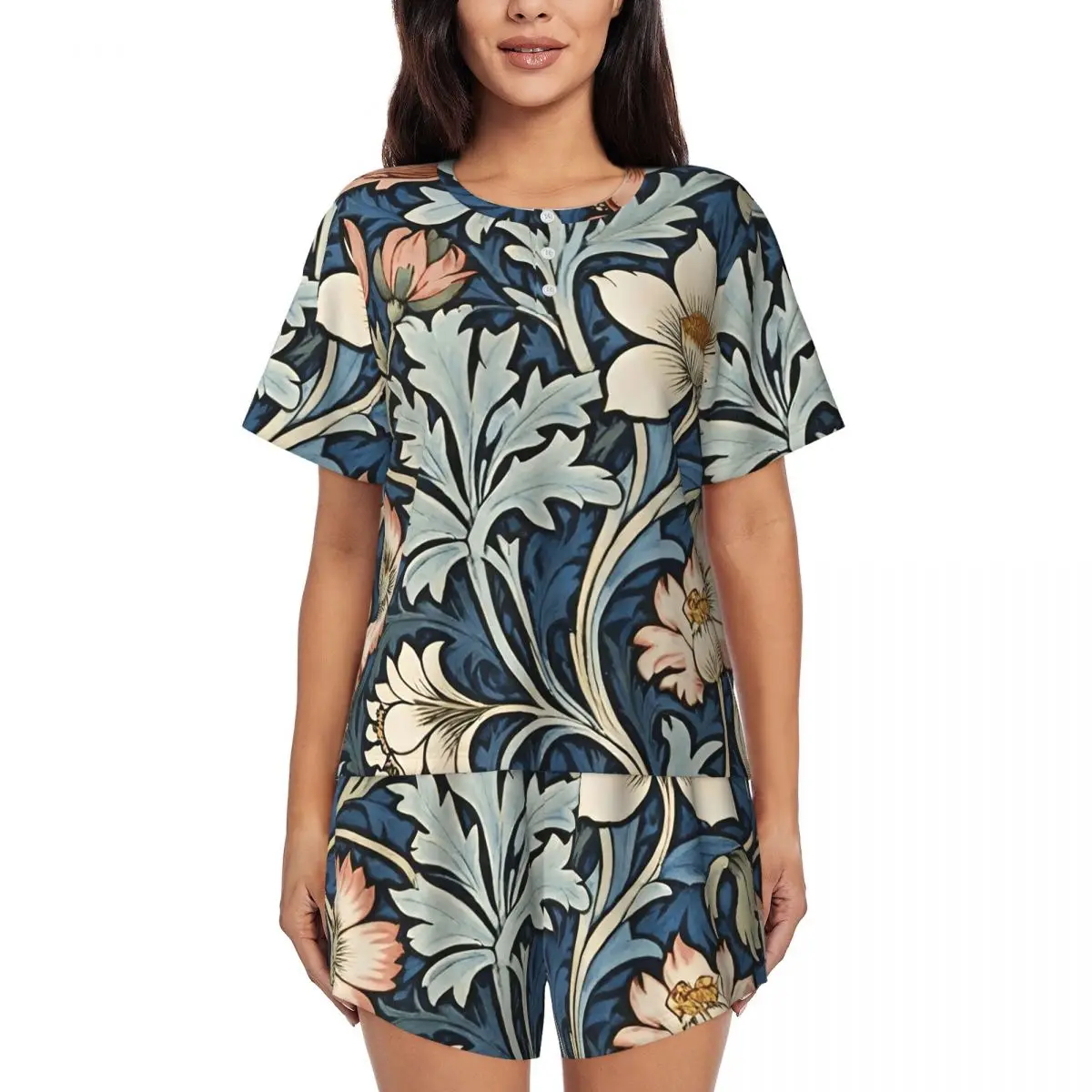Chemise de nuit à col rond et manches courtes William Morris Botanical Bliss pour femmes, ensemble pyjama doux avec pantalon court