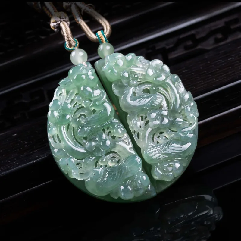 Natural jadeite dragon phoenix auspicious thick three-dimensional hollow exquisite jade high ice couple jade pendant luxury