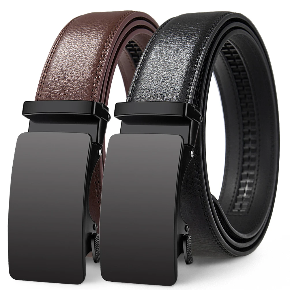Men's High Quality Genuine Leather Automatic Buckle Belts - Adjustable Ratchet Design Durable for Business & Casual Daily Wear