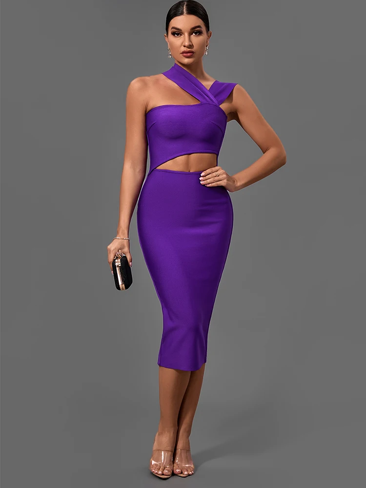 Bandage Dresses for Women 2022 Purple Bodycon Dress Evening Party Elegant Sexy Cut Out Midi Birthday Club Outfit Summer New