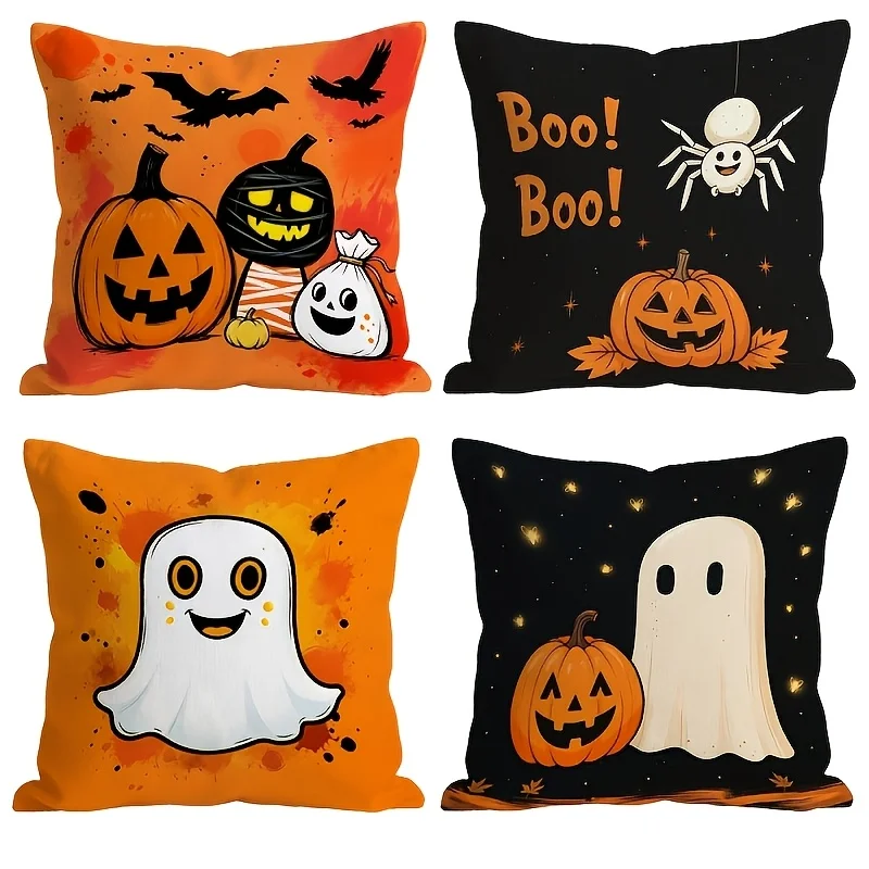 Unique 4 Pack Halloween Printed Pillow Covers Set Pumpkin Ghost Spooky Boo Print Autumn Fall Seasonal Home Decor Cushion