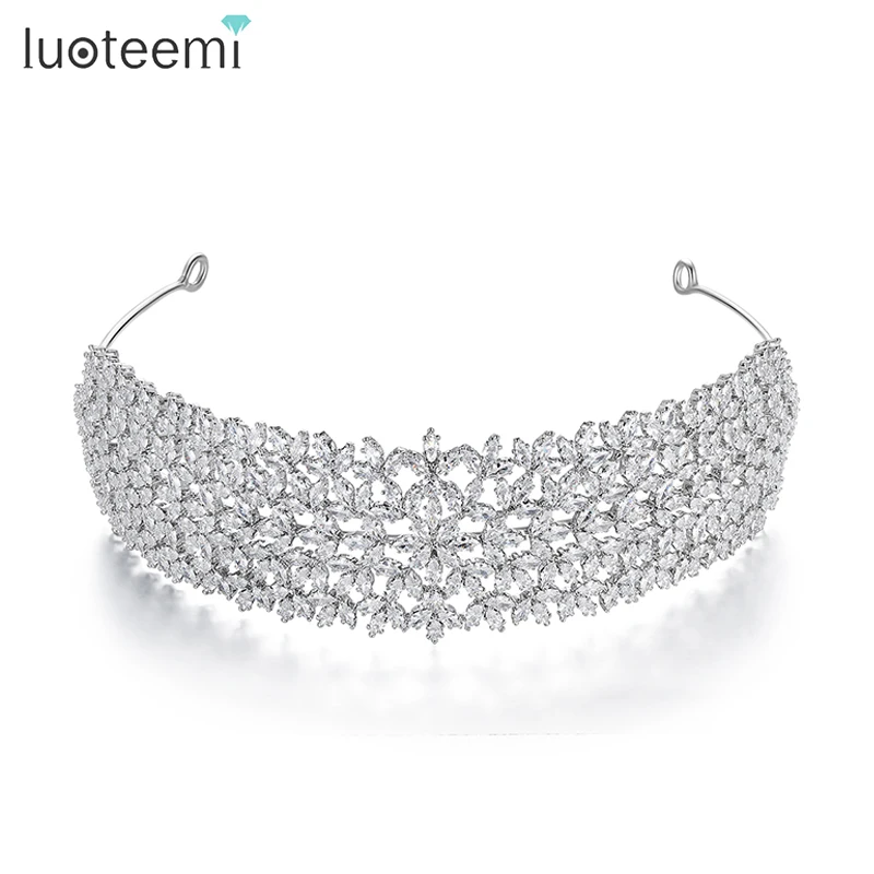 

LUOTEEMI Shiny Luxury Cubic Zirconia Big Tiara Flower Leaf Shape Brilliant Hair Jewelry for Bridal Women Wedding Party Accessory