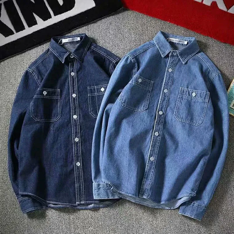 Vintage Denim Casual Shirt Men Long Sleeve Jean Jacket Japanese Streetwear Baggy Outerwear 2025 Fashion Mens Clothes