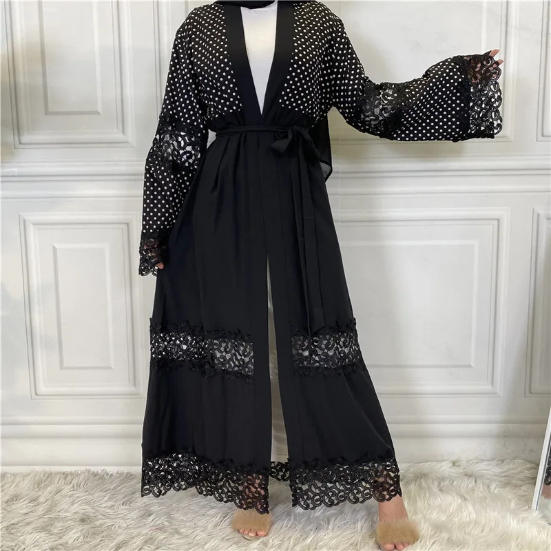 

New Fashion Black Lace Stitching Wave Point Turkish Islamic Cardigan Muslim Abaya 1805 Abaya Ramadan Dubai Luxury Islam Elegant