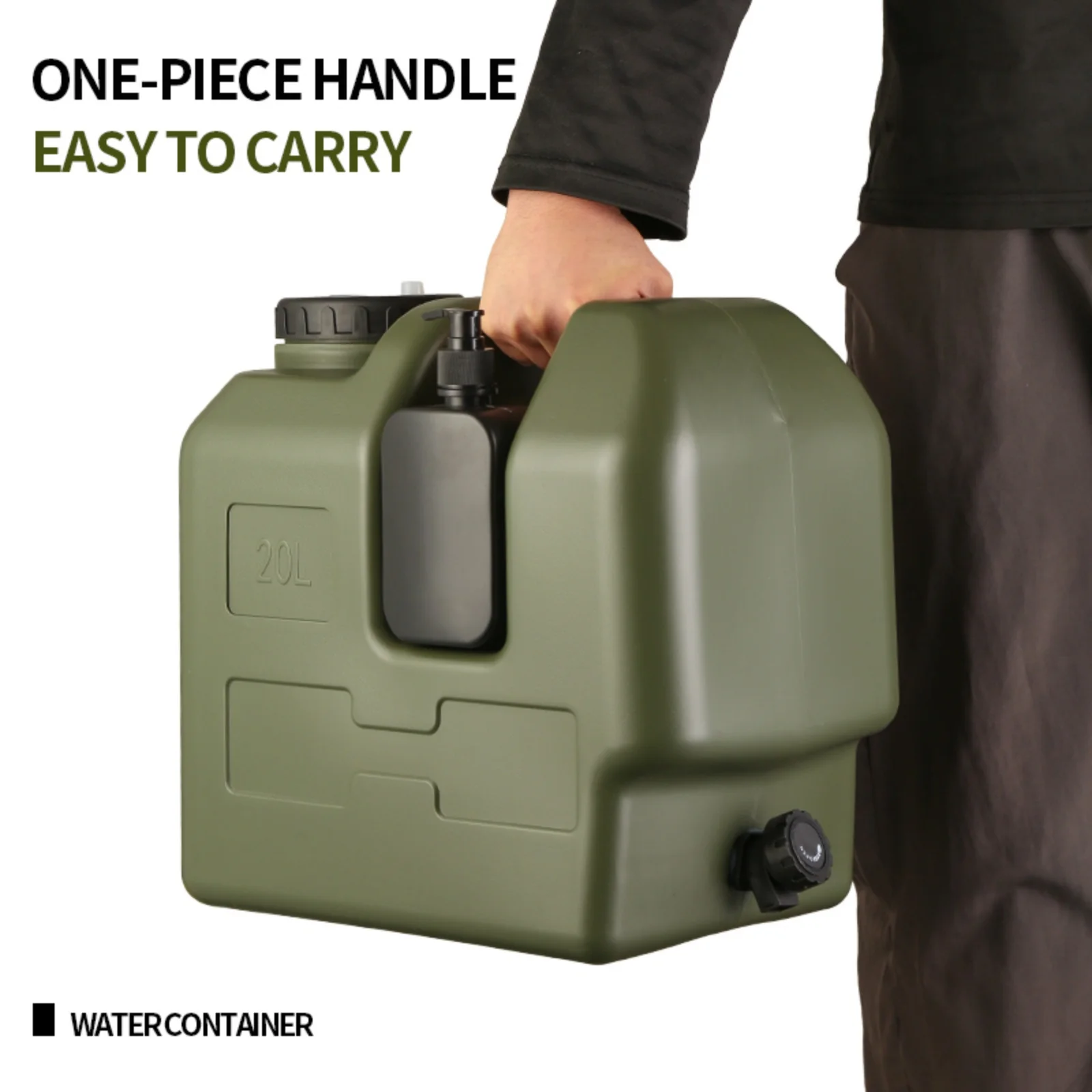 Seau de stockage d'eau en plastique de 20l, bidon de transport d'eau de grande capacité avec robinet et pot de désinfectant pour les mains, réservoir d'eau Portable