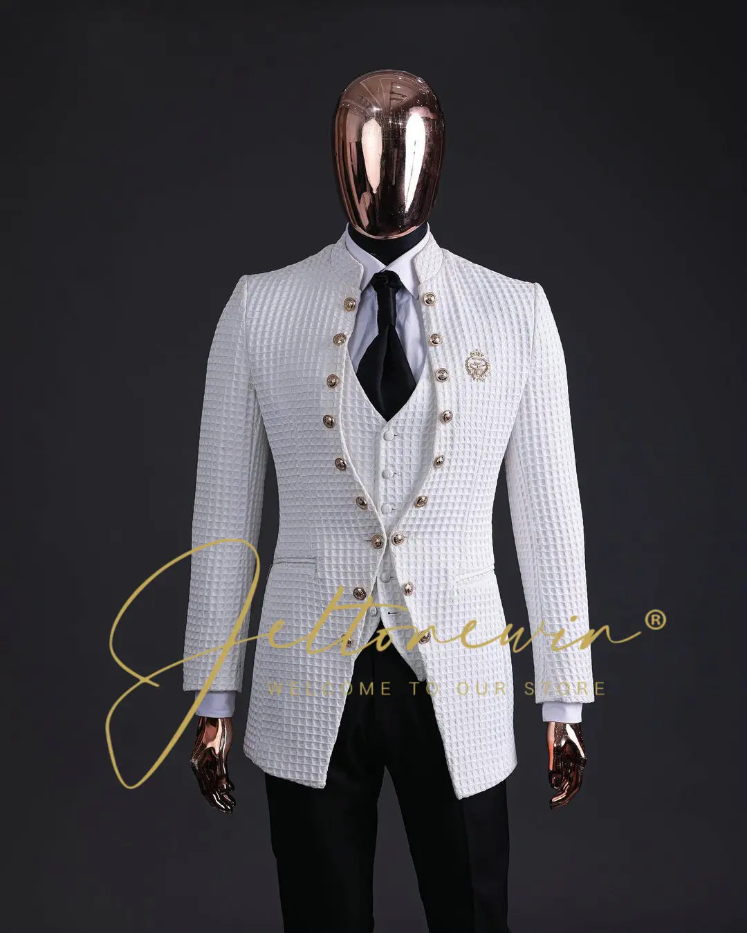 

Fashion White Plaid Wedding Men Suits Single Breasted Groom Tuxedos 3 Pieces Jacket Vest Pants Set Business Male Outfit Prom