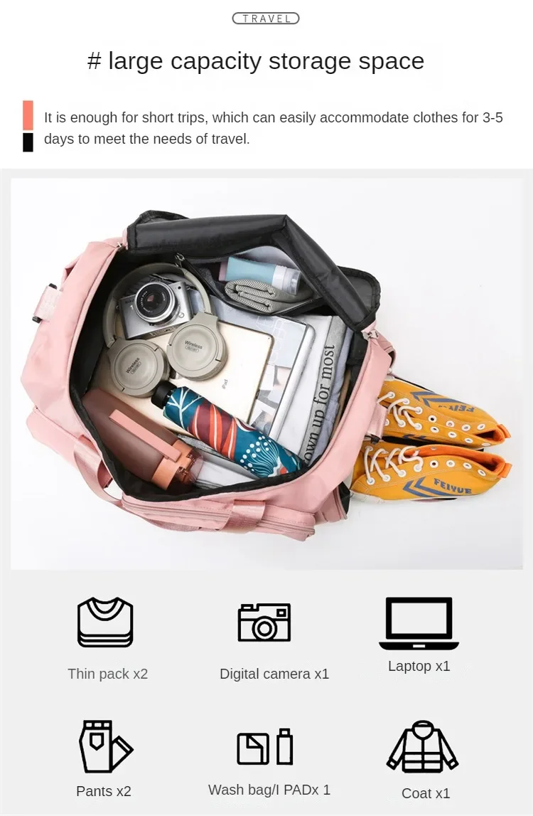 Bolsa de viaje de gran capacidad para mujer, bolsa de gimnasio para fin de semana, bolsas de lona para la noche con comp