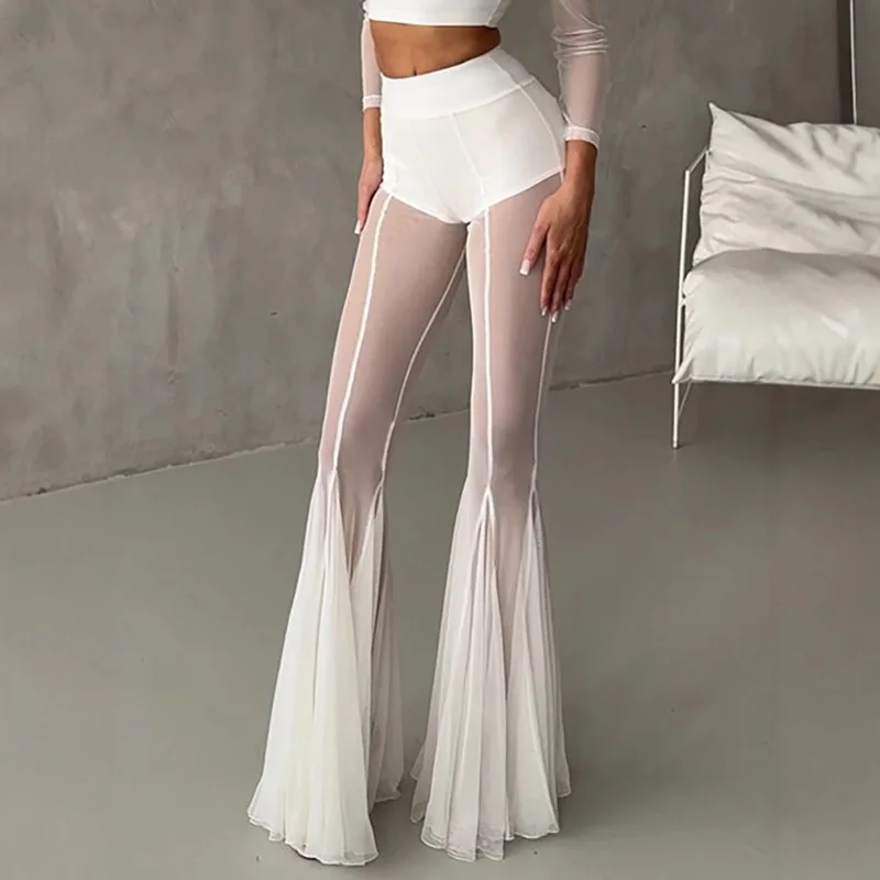 

KEXU Women's Fashion Elastic Trousers Sexy Transparent Mesh Flared Long Pants