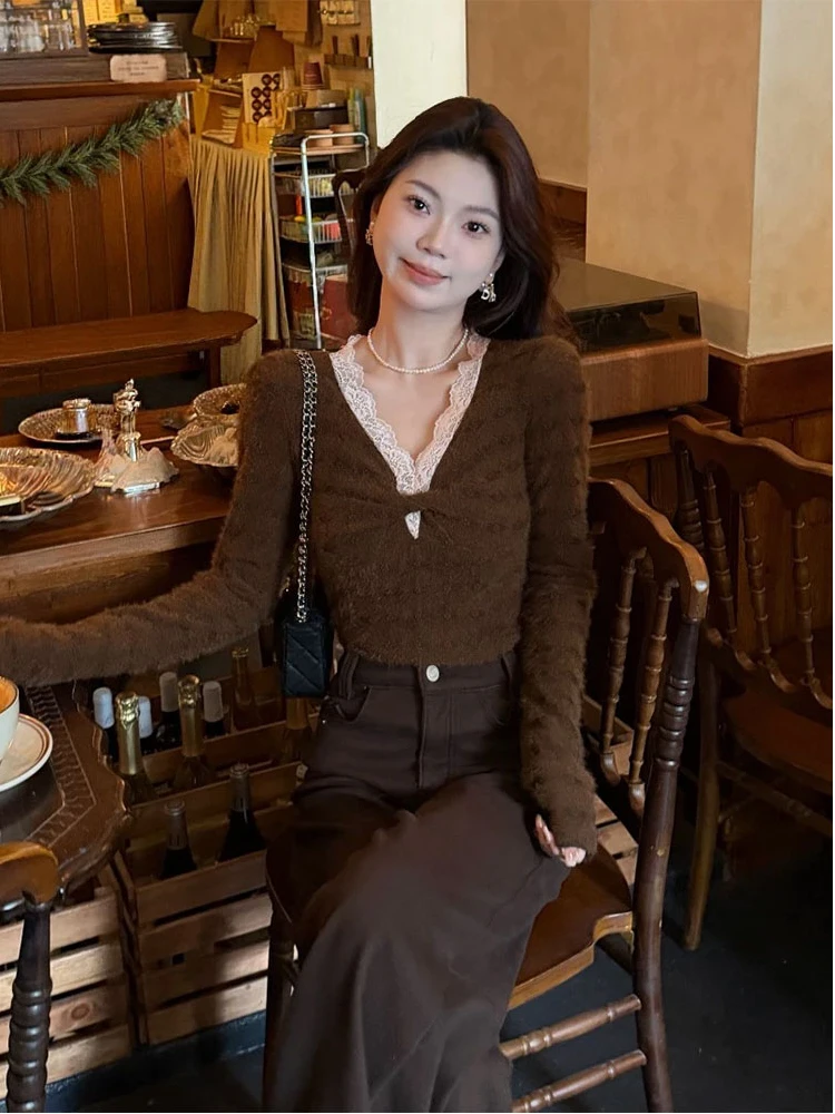 Retro Sle Lace V-Ne Knitted Top Women's Long Sve T-irt Patchwork Pure Desire Autumn Winter New Faion Soft Knitwear