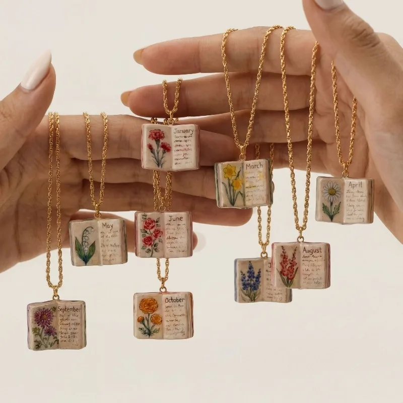 Birth Flower Book Pendant Necklace 12 Month Floral Mini Book Charm Dainty Vintage Enamel Jewelry For Women Birthday Gift