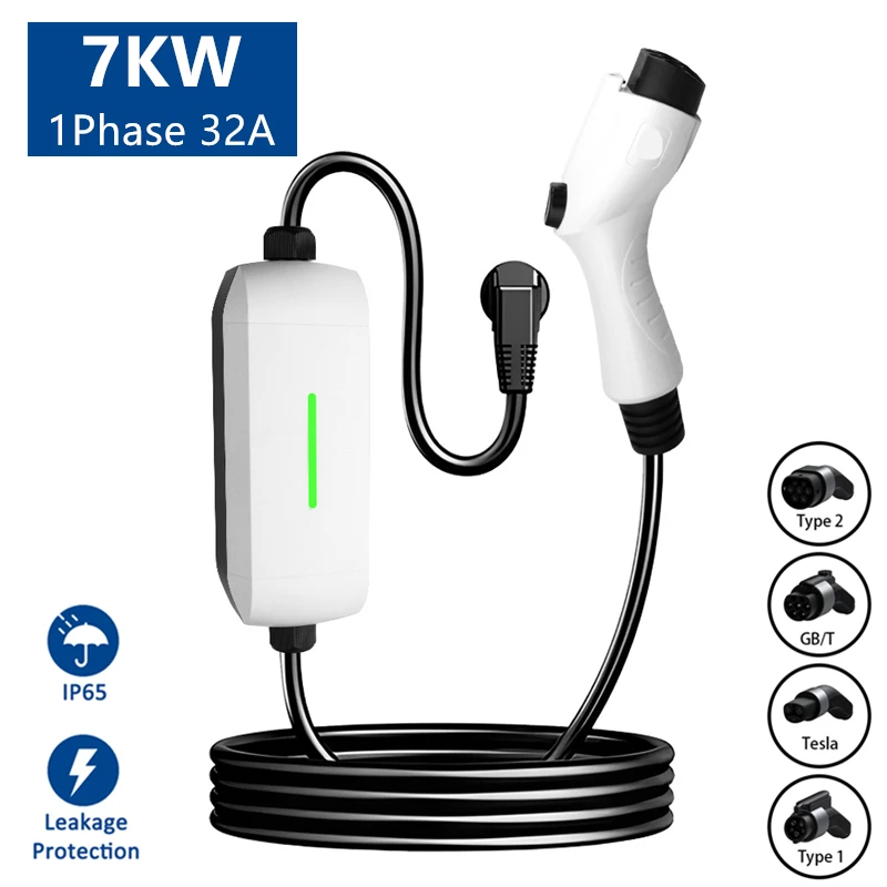 Portable EV Charger Type 2 32A 7KW EVSE Charging Box J1772 GBT NACS Charging Station Mobile Electric Car Charger