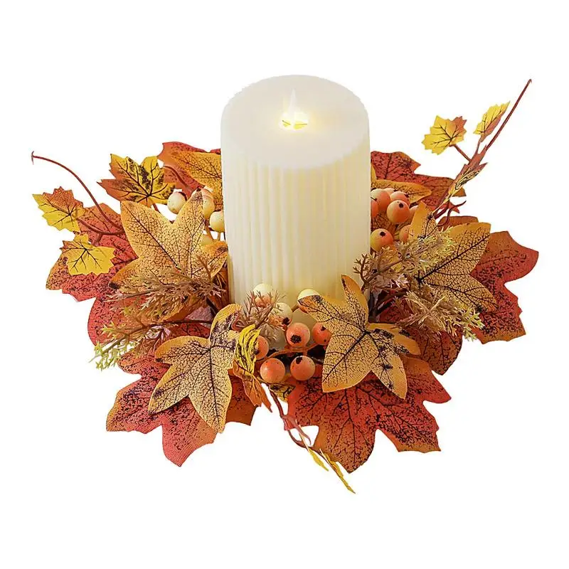 

Fall Candle Ring for Pillar Artificial Candle Garland Decor Mini Autumn Wreath Rustic Fall Candle Holders for Bar Home Party