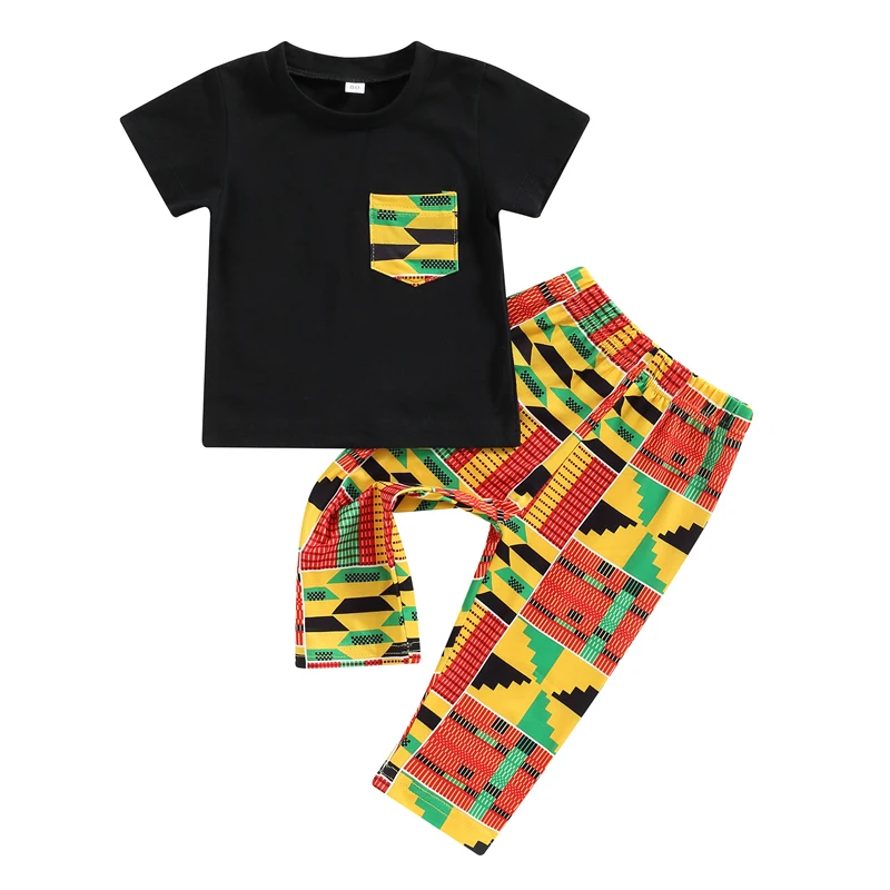 Toddler Baby Boy African Clothes Kente Print Dashiki Pocket Tops Short Sleeve TShirt Pants Black History Outfits Set