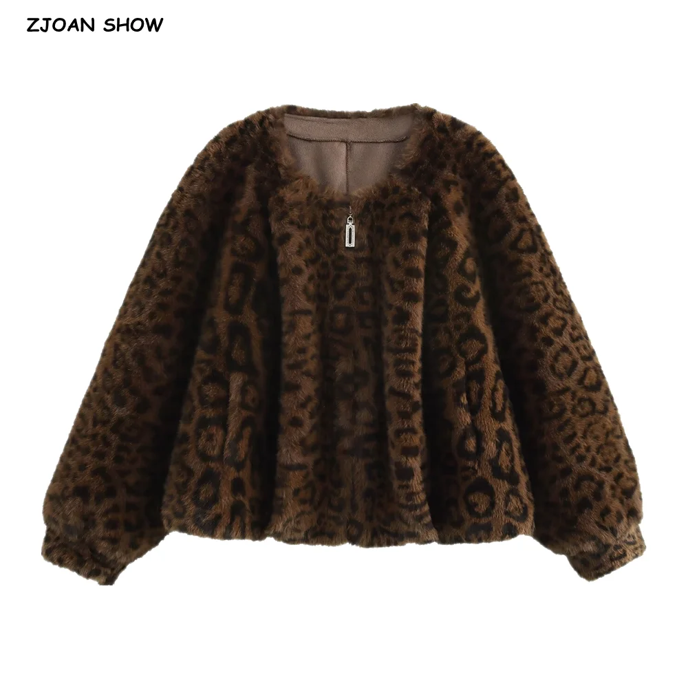 CHILL Winter Zip Up Coffee Dot Leopard Shaggy Faux Fur Coat Women O neck Lantern Sleeve Drawstring Hem Loose Hairy Outerwear